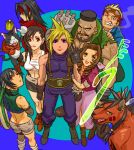  aerith_gainsborough barret_wallace black_eyes black_hair blonde_hair blue_eyes brown_eyes brown_hair cait_sith cat cid_highwind cigarette cloud_strife dark_skin dress goggles green_eyes gun isaki_(pixiv609148) long_hair pants pink_ribbon red_xiii ribbon short_hair skirt spiky_hair suspenders tanktop tifa_lockhart vincent_valentine yuffie_kisaragi 