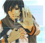  blue blue_hair hand_on_own_chest hand_over_heart hands headset kaito male sad scarf short_hair solo vocaloid 
