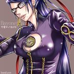  bayonetta bayonetta_(character) beauty_mark black_hair blue_eyes bodysuit chains cleavage cleavage_cutout earrings glasses izane long_hair mole red_ribbon ribbon very_long_hair 