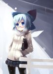  1girl alternate_costume bespectacled blue_eyes blue_hair bow breath cirno coat contemporary glasses hair_bow hands_in_pockets jacket pantyhose pleated_skirt shin_(new) short_hair skirt snow touhou wings 
