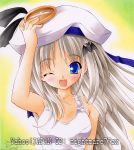  blue_eyes fang hat little_busters! little_busters!! long_hair nightmare77zx noumi_kudryavka one-piece_swimsuit school_swimsuit silver_hair swimsuit traditional_media white_school_swimsuit wink 