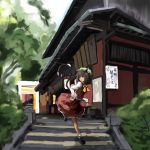1girl chen east_asian_architecture japanese_architecture kara_kasa solo stairs touhou tree