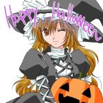  dress halloween hat hijiri_byakuren long_hair mizore_(pixiv1350497) pumpkin solo touhou wink witch_hat 