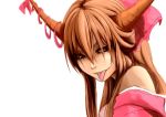  1girl :p bare_shoulders bow hair_bow horn_ribbon horns ibuki_suika long_hair looking_at_viewer mitsubatta nose off_shoulder orange_hair red_eyes ribbon simple_background solo tongue touhou white_background 