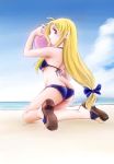  ball beach beachball bikini blonde_hair butt_crack fate_testarossa jiei_son long_hair mahou_shoujo_lyrical_nanoha mahou_shoujo_lyrical_nanoha_strikers red_eyes sandals swimsuit 