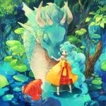  apron aqua_hair barefoot blue_eyes blue_hair blush dragon feet fish forest horns hug long_hair outside pointy_ears ribbon skirt tree utacoco water 