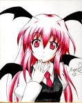  1girl fuyuno_taka head_wings koakuma long_hair looking_at_viewer necktie red_eyes redhead simple_background smile solo touhou traditional_media wings 