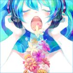  aqua_hair closed_eyes face flower hands_on_headphones hatsune_miku headphones open_mouth singing solo twintails utacoco vocaloid 