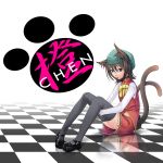  :p black_legwear brown_eyes brown_hair cat_ears cat_tail checkered chen hat highres mary_janes multiple_tails paw_print reflection shoes short_hair sitting tail thigh-highs thighhighs tomokatsu tongue touhou 