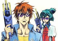  1girl arnold_schwarzenegger artist_request code_geass fingernails green_hair gun handgun ishioto kururugi_suzaku nails nina_einstein parody pistol semiautomatic simple_background source_request sunglasses terminator traditional_media weapon white_background 