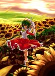  arms_up ascot breasts checkered checkered_skirt closed_umbrella field flower green_hair highres kazami_yuuka mizumiyako petals red_eyes short_hair skirt skirt_set solo sunflower sunset touhou umbrella unmoving_pattern vest wind 