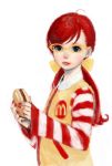  censored cosplay fake_censor fingernails food glasses green_eyes hamburger lips long_hair mcdonald's mole mosaic_censoring nail_polish pon red_hair redhead ronald_mcdonald ronald_mcdonald_(cosplay) striped 