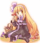  disgaea dress earrings gold_eyes jewelry karina long_hair mage_(disgaea) mushroom nippon_ichi orange_eyes pointy_ears ribbon 