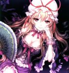  an2a blonde_hair breasts cleavage embellished_costume fan frills gloves hat highres lace long_hair red_eyes ribbon scan smile solo touhou yakumo_yukari 