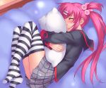  blush closed_eyes hug panties pillow_hug pink_hair striped striped_thighhighs thigh-highs twintails zen  