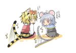  blonde_hair chibi grey_hair hair_ornament kemonomimi_mode mouse mouse_ears mouse_tail multicolored_hair nazrin object_on_head red_eyes short_hair silver_hair tail tiger_ears tiger_print tiger_tail toramaru_shou touhou translated two-tone_hair viva!! yellow_eyes 