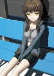  bench bike_shorts braid breast_squeeze breasts brown_hair highres jacket midriff mocha navel pale_skin ringed_eyes sitting sleeves_past_wrists solo steins;gate track_jacket twin_braids unzipped yellow_eyes 