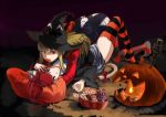  animal_ears blue_eyes brown_hair candy cat_ears hair_bobbles hair_ornament halloween hat jack-o'-lantern jack-o-lantern lying mammon mouth_hold multiple_girls pumpkin red_eyes red_hair redhead skirt stakes_of_purgatory striped striped_legwear striped_thighhighs thigh-highs thighhighs toritori umineko_no_naku_koro_ni ushiromiya_ange witch_hat yuri zettai_ryouiki 