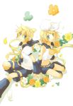  back-to-back back_to_back blonde_hair brother_and_sister flower hair_ornament hair_ribbon hairclip headphones kagamine_len kagamine_rin matsumaro necktie ribbon short_hair shorts siblings sitting smile twins vocaloid 