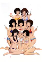  6+girls :d :p ;d absurdres amagami arm_support ayatsuji_tsukasa bare_legs bare_shoulders barefoot bikini bikini_skirt bikini_top black_bikini black_eyes black_hair blue_eyes breasts brown_eyes brown_hair cake curly_hair feeding food food_on_face fork frilled_bikini frills front-tie_top grin hairband halterneck highres kneeling large_breasts licking licking_finger long_hair looking_at_viewer morishima_haruka multiple_girls nakata_sae nanasaki_ai navel o-ring_bikini open_mouth pink_bikini purple_bikini red_bikini sakurai_rihoko scan short_hair short_shorts shorts sitting smile string_bikini swimsuit tachibana_miya tachikawa_seiji tanamachi_kaoru tongue twintails wariza white_bikini white_swimsuit wink 