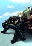  absurdres bad_id blonde_hair blue_eyes boots cellphone cloud_strife fenrir_(vehicle) final_fantasy final_fantasy_vii final_fantasy_vii_advent_children gloves highres jacket male motor_vehicle motorcycle oni-wan phone short_hair signature sitting solo vehicle 