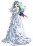  1girl :o aqua_hair bare_shoulders bat_wings breasts bridal_veil bride capcom cleavage commentary cross_edge demon_girl detached_sleeves dress female finger_to_mouth frills full_body green_eyes green_hair hair_ornament lace large_breasts long_hair morrigan_aensland nakamura_tatsunori off-shoulder_dress off_shoulder official_alternate_costume official_art open_mouth pointing see-through simple_background solo standing succubus vampire_(game) veil wedding wedding_dress white_background wings 