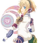  android ass back blonde_hair blue_eyes headphones highres looking_back persona persona_3 short_hair solo tabigarasu 