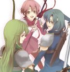 3girls armor armored_dress arrow blue_eyes blue_hair boots bow bow_(weapon) dress elbow_gloves est fingerless_gloves fire_emblem fire_emblem:_mystery_of_the_emblem fire_emblem_mystery_of_the_emblem gloves green_eyes green_hair hanakago headband katua lance long_hair multiple_girls paola pegasus_knight pink_eyes pink_hair polearm quiver short_hair siblings sisters sword thigh-highs thigh_boots thighhighs weapon