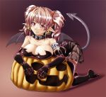  bent_over breast_press breasts brown_hair cleavage collar earrings elbow_gloves gloves halloween highres jack-o'-lantern jack-o-lantern jewelry original pointy_ears pumpkin see-through solo tail thigh-highs thighhighs twintails wings 