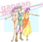  arm_holding bad_id bikini blush circlet dragon_quest dragon_quest_iv dress earrings hero_(dq4) jewelry loincloth long_hair manya minea nail_polish necklace purple_eyes purple_hair sandals siblings sisters smile swimsuit tip_top_shape violet_eyes yellow_dress 