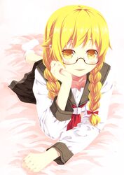  1girl alternate_costume blush braid glasses hair_ribbon kouji_(campus_life) long_sleeves monogatari_(series) open_mouth oshino_shinobu ribbon school_uniform smile socks solo twin_braids 