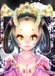  1girl black_hair breasts cleavage eyeshadow forehead hair_ornament hair_rings hikimayu horns japanese_clothes jewelry kimiya_sora lipstick long_hair makeup oni original slit_pupils solo tiara yellow_eyes 