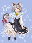  1girl animal_ears basket capelet fang frills grey_hair highres mouse mouse_ears mouse_tail nazrin red_eyes solo star tail touhou untsue 
