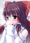  1girl blush bow breath brown_eyes brown_hair cold covering_mouth detached_sleeves hair_bow hair_tubes hakurei_reimu hands_on_own_face hands_together highres long_hair mokyu9nine portrait snowing solo touhou 
