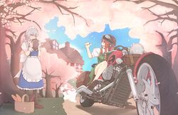  2girls baguette bare_legs basket black_legwear blue_eyes blush bottle braid bread cherry_blossoms cube85 food green_eyes helmet highres hong_meiling izayoi_sakuya long_hair maid motor_vehicle motorcycle multiple_girls open_mouth path petals redhead road scarlet_devil_mansion silver_hair smile standing touhou tray twin_braids vehicle 