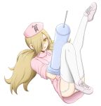  1girl binbougami_ga! blonde_hair blush breasts cast garter_straps hair_over_one_eye hat leg_up long_hair looking_at_viewer manaka_(pdx) momiji_(binbougami_ga!) nurse nurse_cap open_mouth panties smile solo syringe thighhighs twintails underwear yellow_eyes 