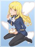  1girl blonde_hair cake eating food fork_in_mouth fruit glasses heart highres kawaguchi_hyoue long_hair looking_at_viewer military military_uniform pantyhose perrine_h_clostermann sitting smile solo strawberry strike_witches uniform wariza yellow_eyes 