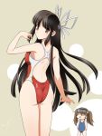  2girls ass back black_hair breast_envy breasts brown_eyes competition_swimsuit flat_chest highres hiyou_(kantai_collection) kantai_collection long_hair looking_back multiple_girls onaya_masakazu one-piece_swimsuit open_mouth personification ribbon ryuujou_(kantai_collection) sweatdrop swimsuit visor_cap 