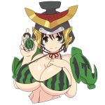  1girl bikini_top brown_eyes brown_hair cosplay female food fruit helmet huge idolmaster idolmaster_cinderella_girls kabuto kamen_rider kamen_rider_gaim_(series) lock_seed nash_(na-si) navel oikawa_shizuku short_hair shoulder_pads smile solo suika_arms watermelon watermelon_print 