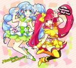  2girls aino_megumi alternate_form asymmetrical_legwear blue_eyes blue_hair bow cure_lovely cure_princess earrings flower green_skirt hair_bow hair_flower hair_ornament happinesscharge_precure! hloox jewelry lollipop_hip_hop long_hair macadamia_hula_dance magical_girl mismatched_footwear multiple_girls pink_eyes pink_hair precure shirayuki_hime shoes skirt smile thighhighs twintails wrist_cuffs yellow_skirt 
