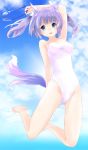  1girl animal_ears arm_up armpits bare_shoulders barefoot blue_eyes blue_sky cat_ears clouds day full_body goggles goggles_removed kouma looking_at_viewer midair one-piece_swimsuit open_mouth original outdoors purple_hair sky solo swimsuit tail tareme twintails white_swimsuit 