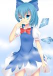  &gt;:d 1girl :d blue_eyes blue_hair bow bowtie cirno collared_shirt cowboy_shot dress grin hair_bow ice ice_wings kyouran large_bow mist open_mouth short_hair smile solo touhou tsurime wings wiping_nose 
