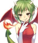  1girl :q draco_centauros dragon_girl dragon_tail elbow_gloves finger_to_mouth fire gloves green_hair horns pointy_ears puyopuyo reimin short_hair solo tail tongue wings yellow_eyes 