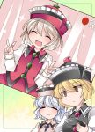  3girls ^_^ blonde_hair brown_hair closed_eyes commentary_request controller crescent double_v flat_gaze hammer_(sunset_beach) hat lunasa_prismriver lyrica_prismriver merlin_prismriver multiple_girls recording remote_control short_hair siblings silver_hair sisters smile star touhou v yellow_eyes 
