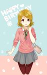  1girl :d bag brown_hair casual hand_on_own_shoulder handbag happy_birthday heart_print koizumi_hanayo love_live!_school_idol_project open_mouth pantyhose print_legwear sasamori_tomoe skirt smile solo violet_eyes 