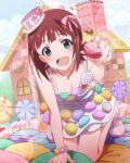  1girl :d amami_haruka brown_hair candy food_themed_clothes green_eyes hat idolmaster idolmaster_million_live! jpeg_artifacts lens_flare looking_at_viewer macaron musical_note official_art open_mouth ribbon short_hair smile 