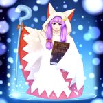  1girl book cosplay crescent final_fantasy hair_ornament hooded long_hair patchouli_knowledge purple_hair shirosato solo staff touhou violet_eyes white_mage white_mage_(cosplay) wide_sleeves 
