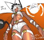  1girl bare_shoulders breasts cape dark_skin guilty_gear guilty_gear_xrd highres kimuchi ramletherl_valentine red_eyes short_shorts shorts solo underboob white_hair 