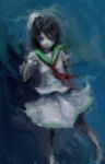  1girl black_hair blue_eyes boots expressionless faux_traditional_media glowing glowing_eyes hat hiepita_(1014) highres knee_boots looking_at_viewer murasa_minamitsu neckerchief sailor_hat shirt short_hair skirt solo touhou underwater 