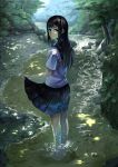  1girl barefoot black_hair from_behind highres koruse long_hair looking_at_viewer looking_back original outdoors skirt skirt_hold smile solo stream wading 